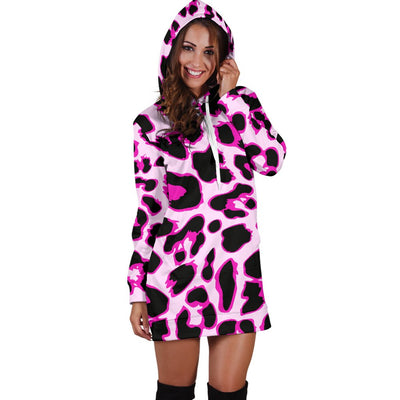 Pink Leopard Print Women Hoodie Dress