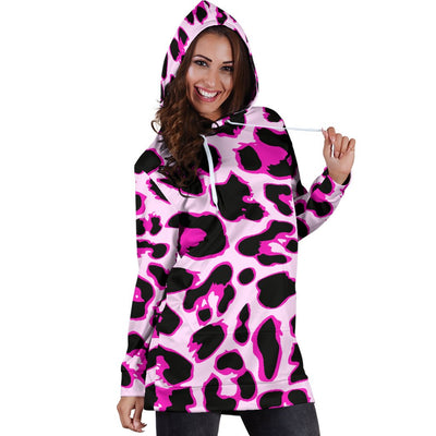 Pink Leopard Print Women Hoodie Dress