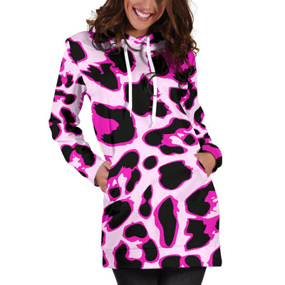 Pink Leopard Print Women Hoodie Dress