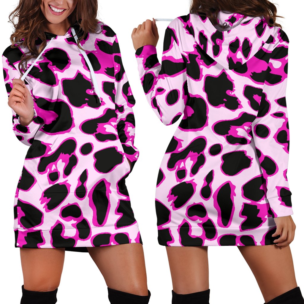 Pink Leopard Print Women Hoodie Dress