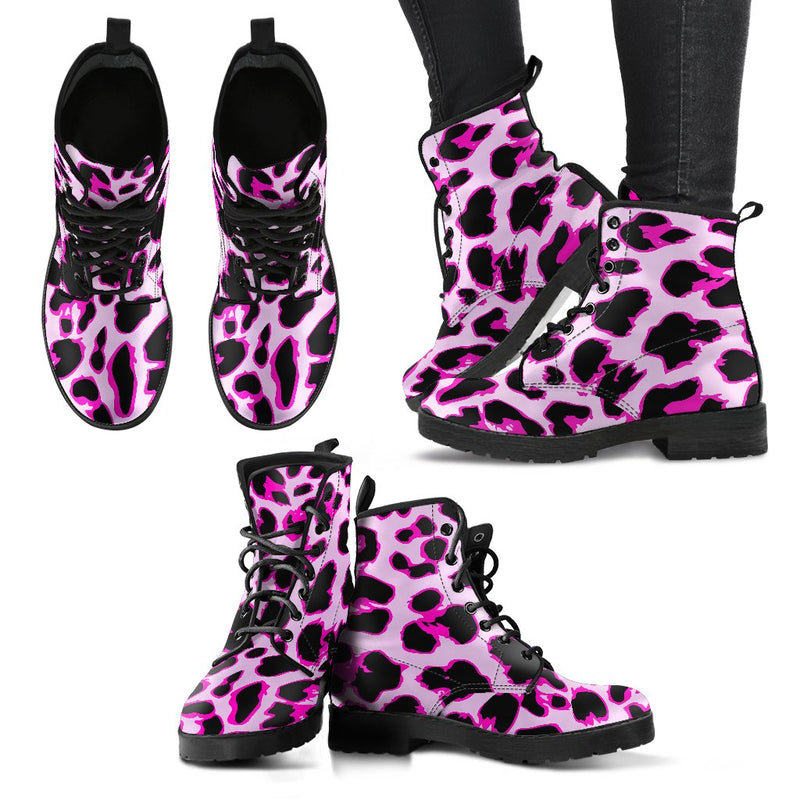 Pink Leopard Print Women Leather Boots