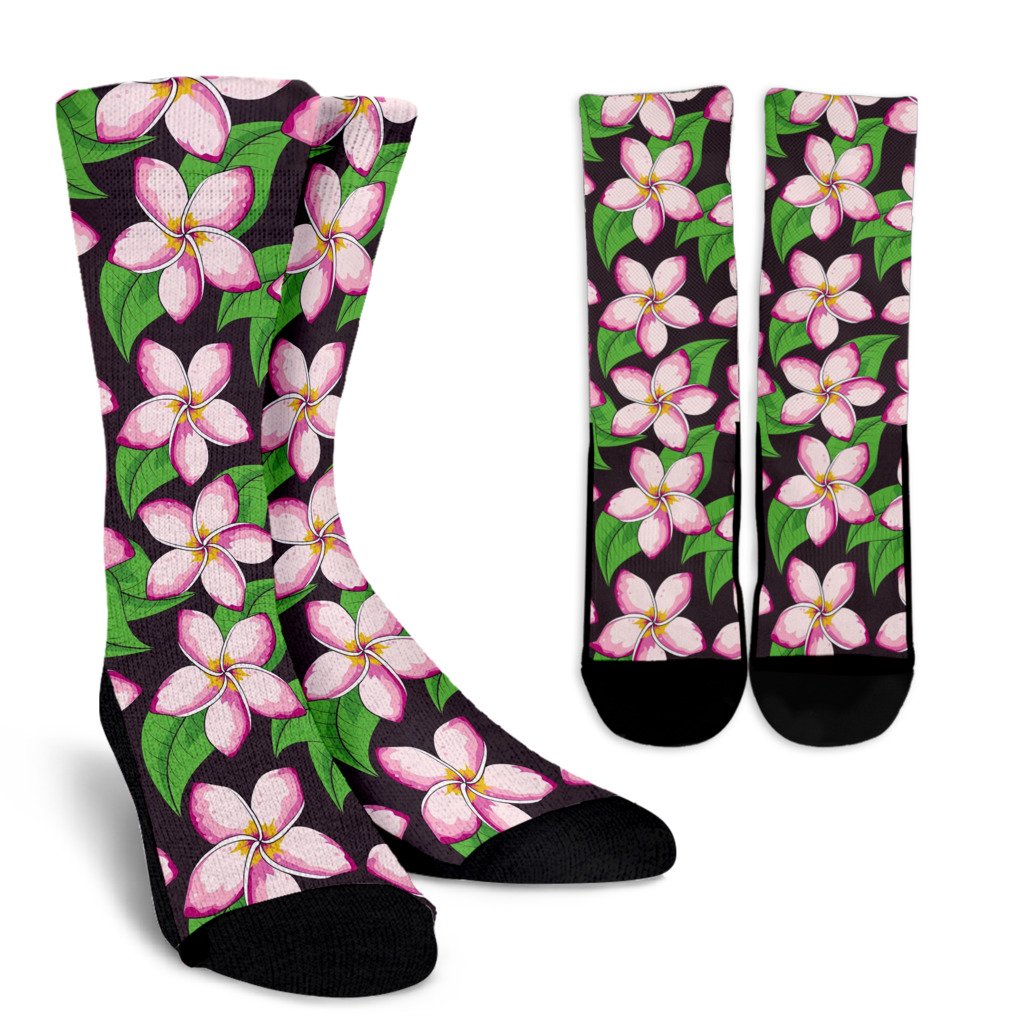 Pink Plumeria Pattern Print Design PM019 Crew Socks-JORJUNE.COM