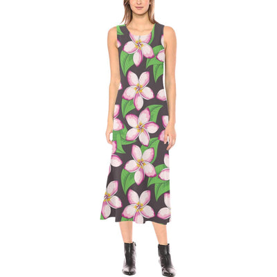 Pink Plumeria Pattern Print Design PM019 Sleeveless Open Fork Long Dress