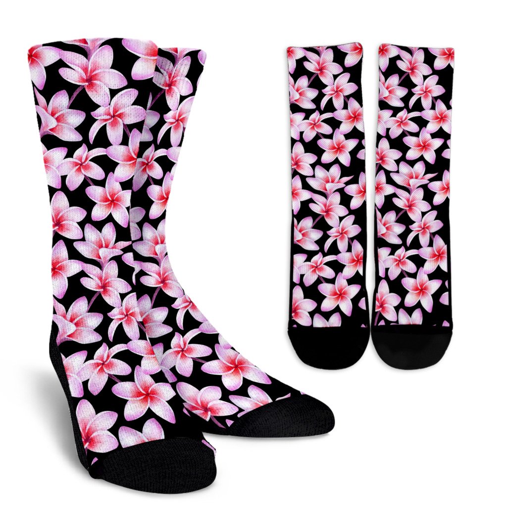Pink Plumeria Pattern Print Design PM09 Crew Socks-JORJUNE.COM