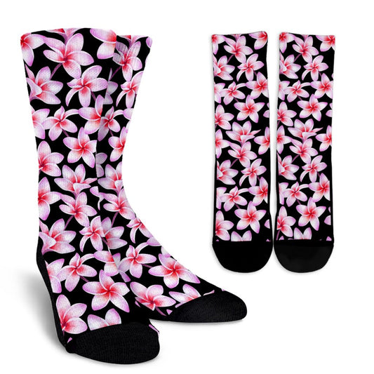 Pink Plumeria Pattern Print Design PM09 Crew Socks-JORJUNE.COM