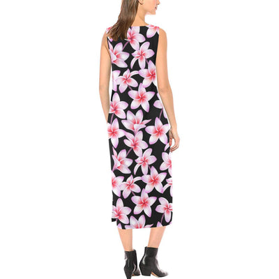 Pink Plumeria Pattern Print Design PM09 Sleeveless Open Fork Long Dress
