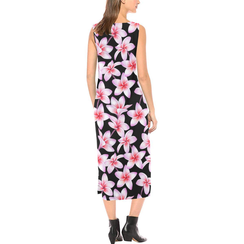 Pink Plumeria Pattern Print Design PM09 Sleeveless Open Fork Long Dress