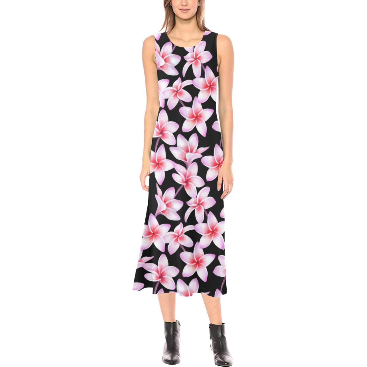 Pink Plumeria Pattern Print Design PM09 Sleeveless Open Fork Long Dress