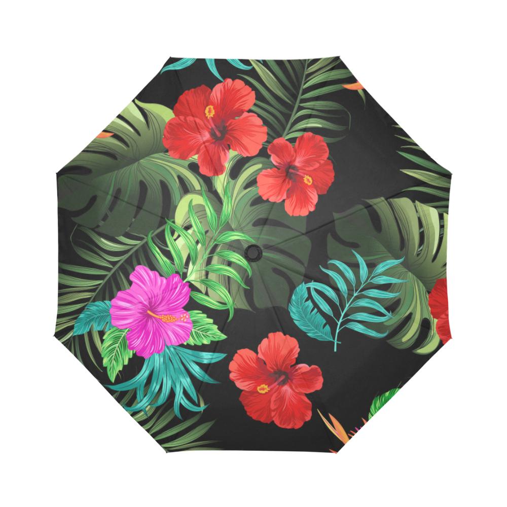 Pink Red Hibiscus Automatic Foldable Umbrella