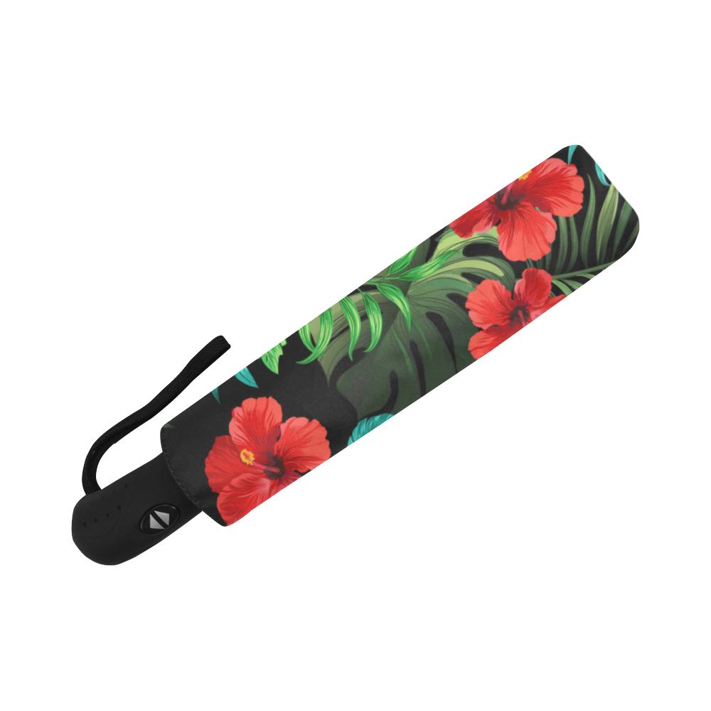 Pink Red Hibiscus Automatic Foldable Umbrella