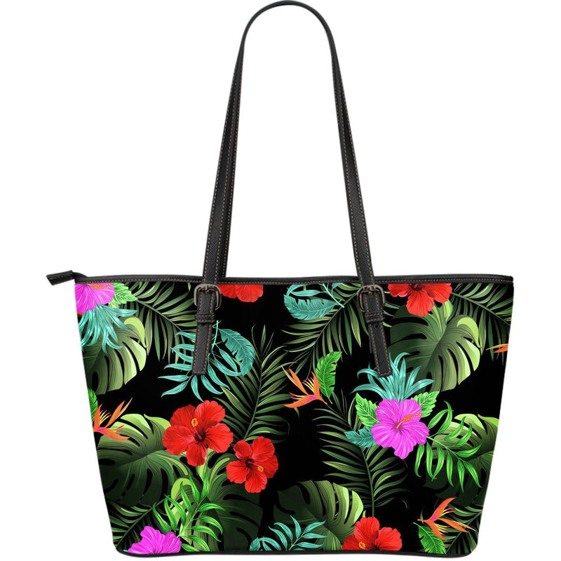 Pink Red Hibiscus Tropical Flowers Large Leather Tote Bag