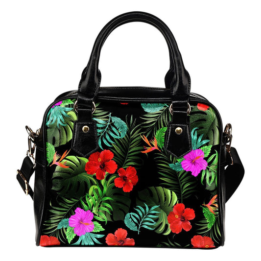 Pink Red Hibiscus Tropical Flowers Leather Shoulder Handbag