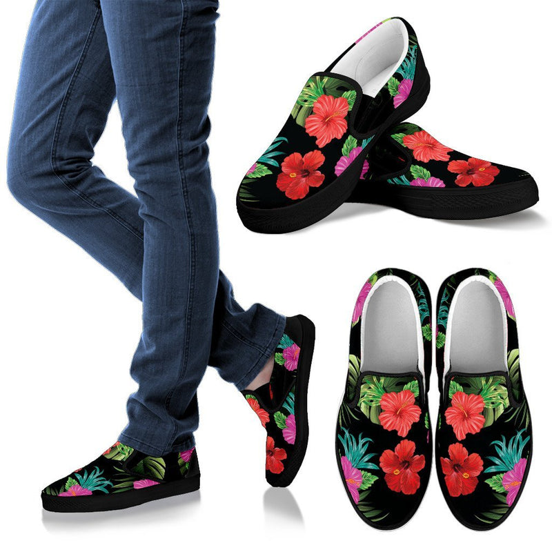 Pink Red Hibiscus Tropical Flowers Men Canvas Slip On Shoes