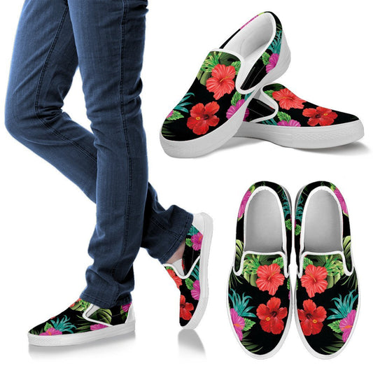 Pink Red Hibiscus Tropical Flowers Men Canvas Slip On Shoes