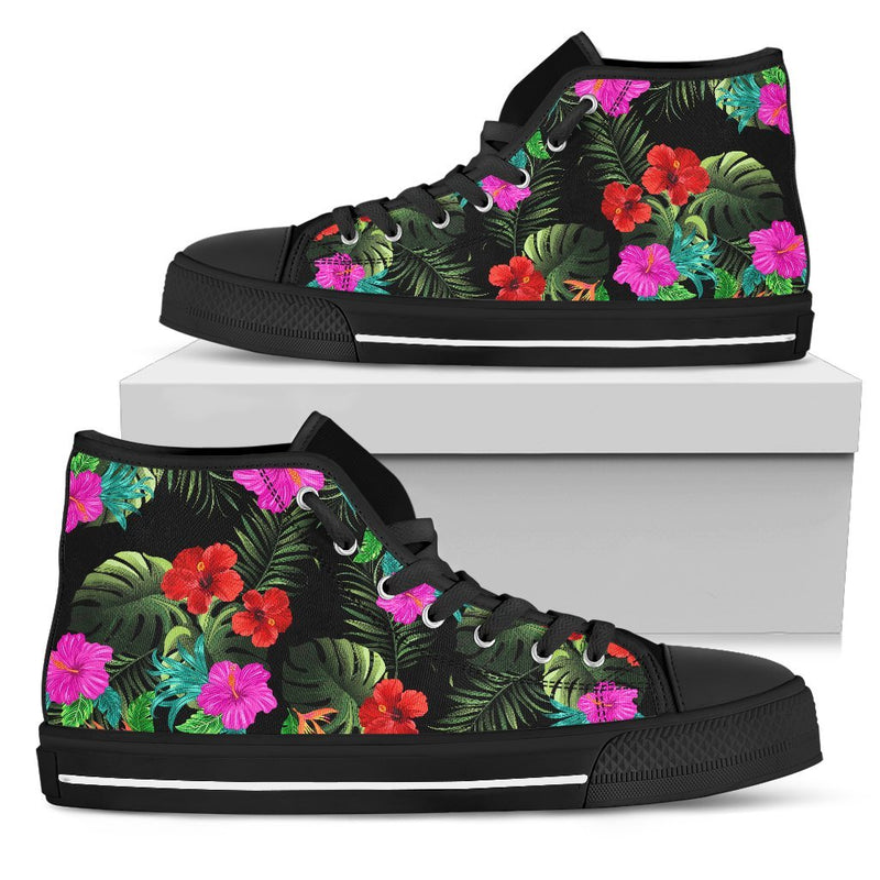 Pink Red Hibiscus Tropical Flowers Men High Top Canvas Shoes