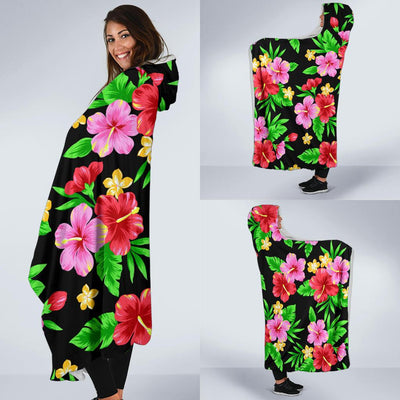 Pink Red Hibiscus Pattern Print Design HB023 Hooded Blanket-JORJUNE.COM