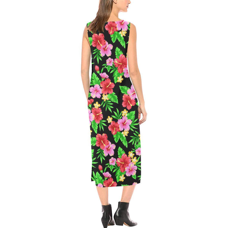 Pink Red Hibiscus Pattern Print Design HB023 Sleeveless Open Fork Long Dress