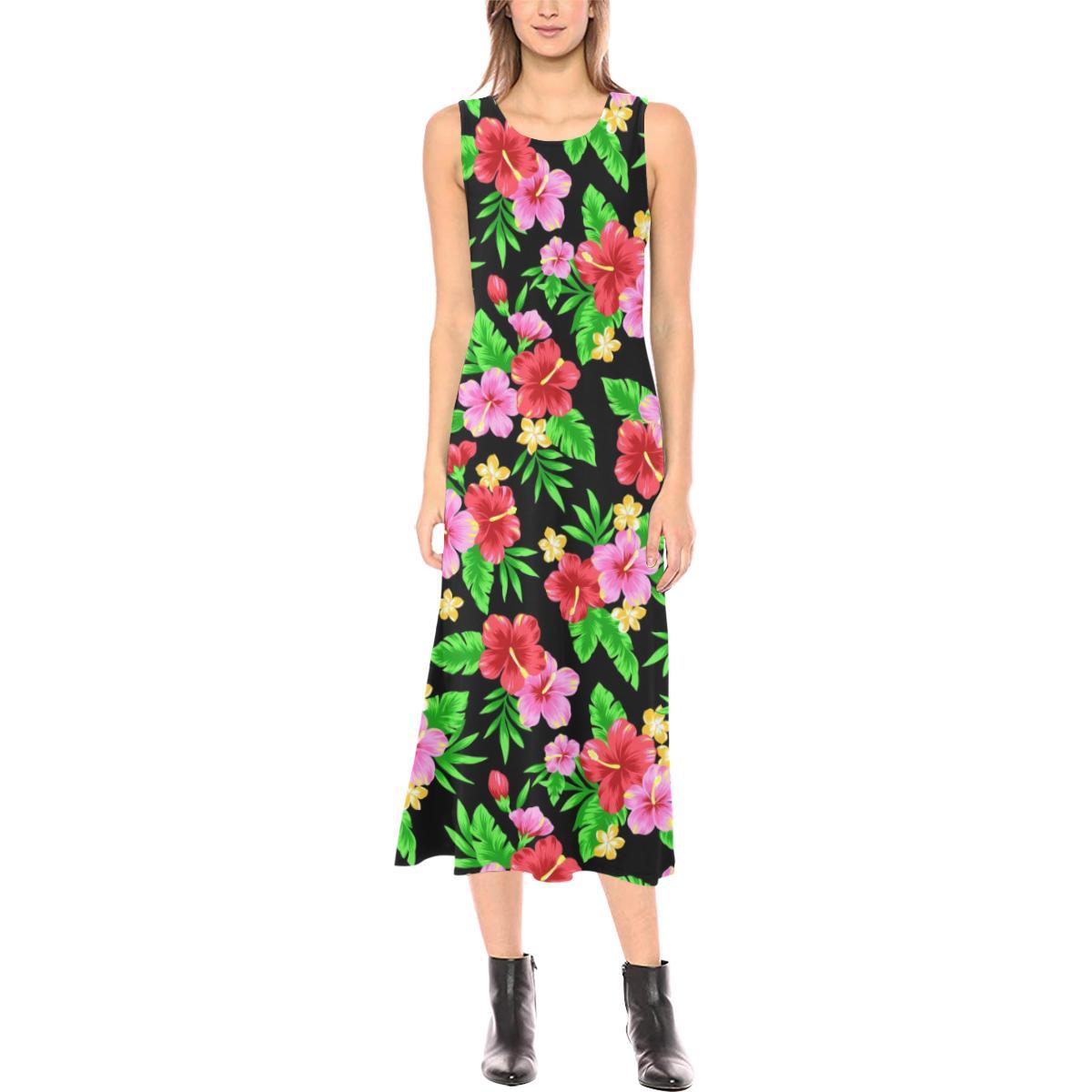 Pink Red Hibiscus Pattern Print Design HB023 Sleeveless Open Fork Long Dress