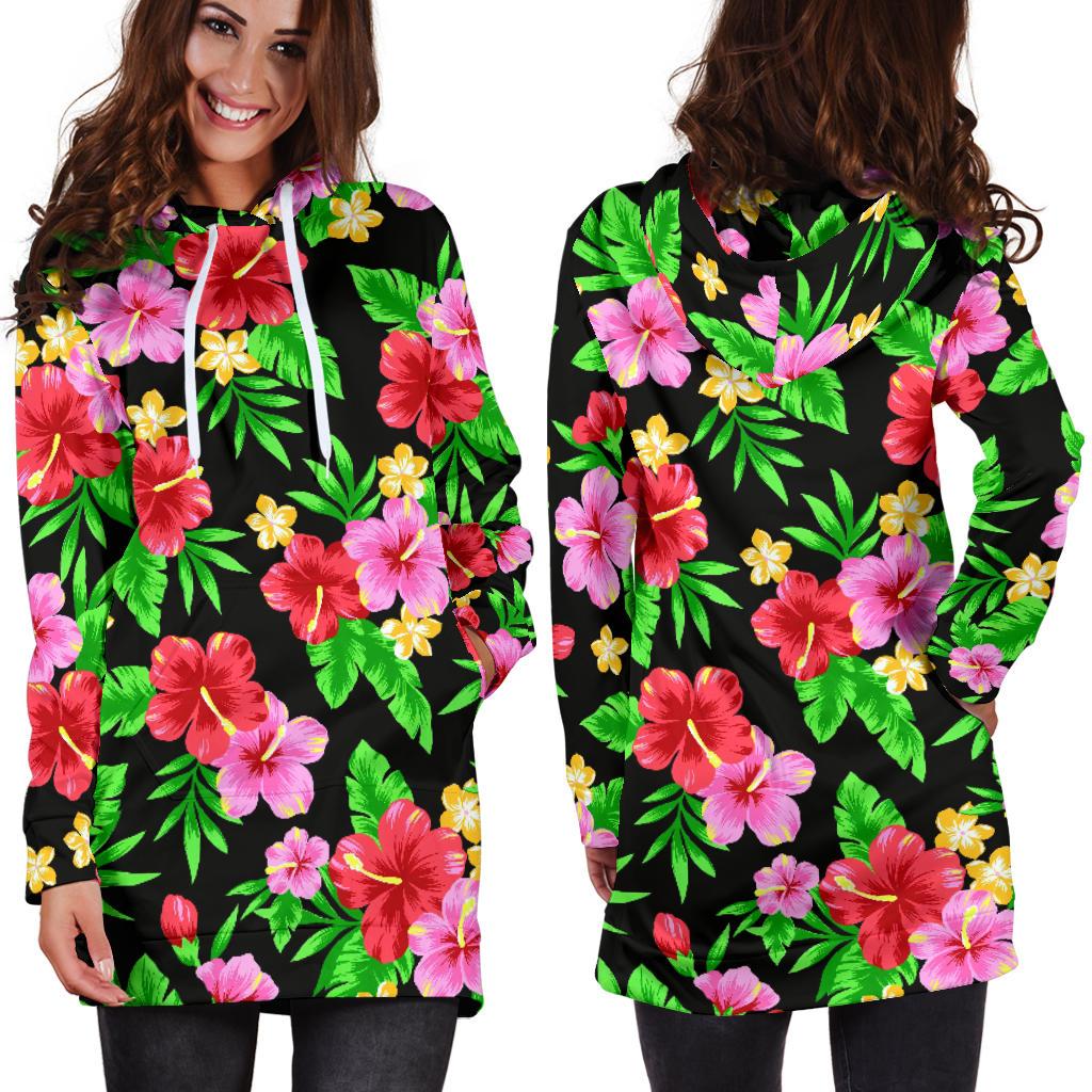 Pink Red Hibiscus Pattern Print Design HB023 Women Hoodie Dress
