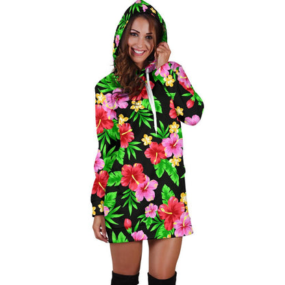 Pink Red Hibiscus Pattern Print Design HB023 Women Hoodie Dress