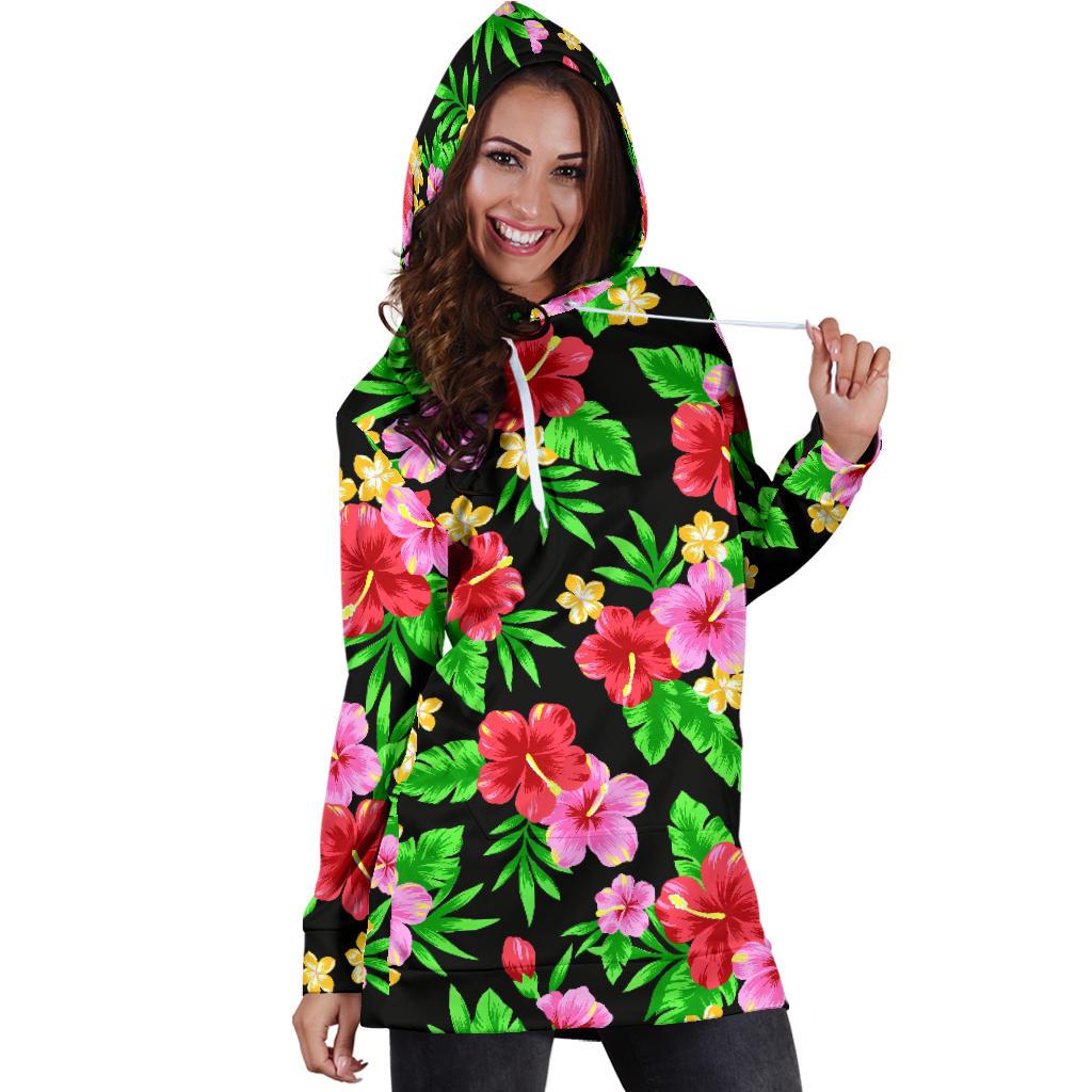 Pink Red Hibiscus Pattern Print Design HB023 Women Hoodie Dress
