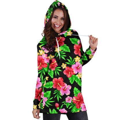 Pink Red Hibiscus Pattern Print Design HB023 Women Hoodie Dress