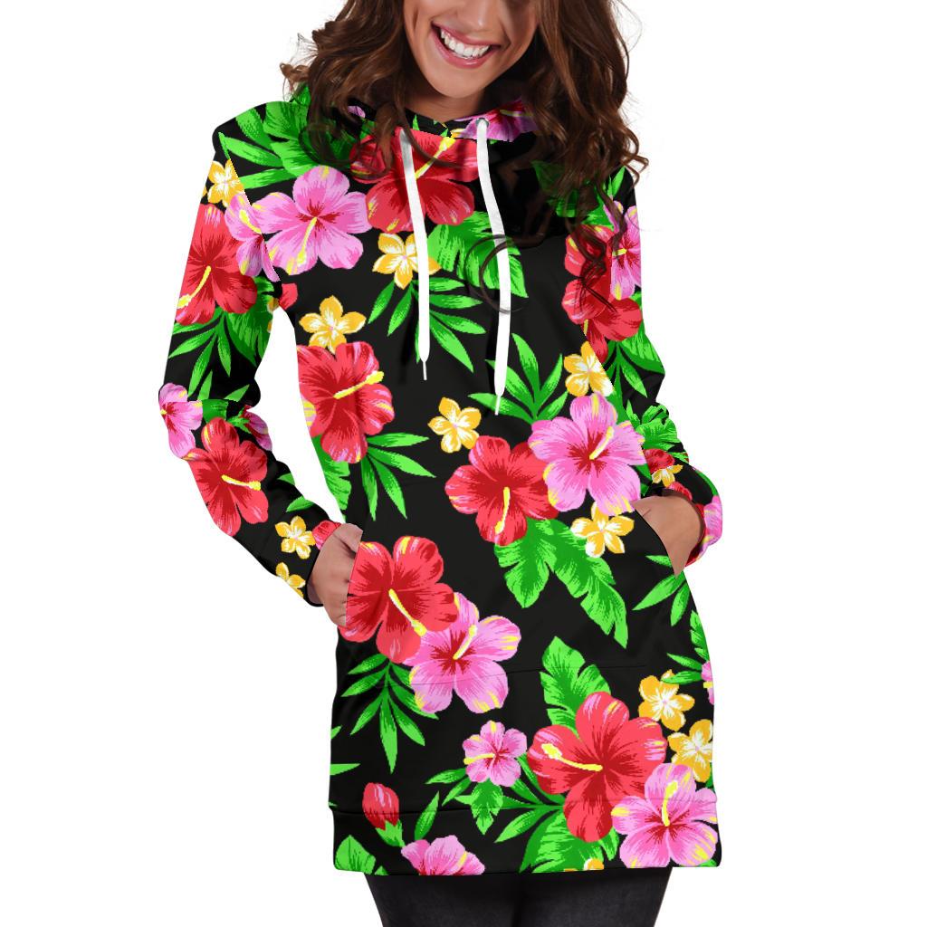 Pink Red Hibiscus Pattern Print Design HB023 Women Hoodie Dress