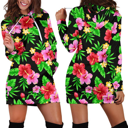 Pink Red Hibiscus Pattern Print Design HB023 Women Hoodie Dress