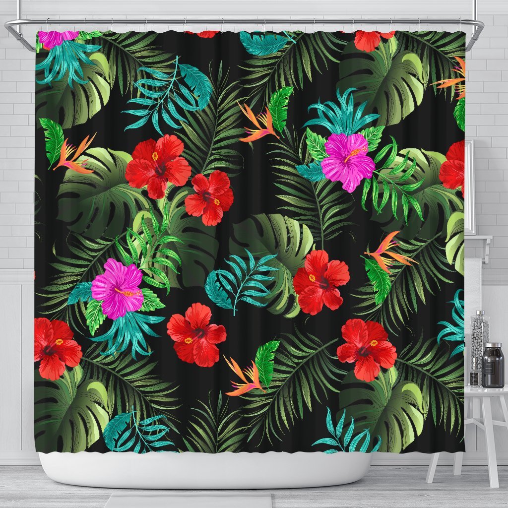 Pink Red Hibiscus Tropical Flowers Shower Curtain