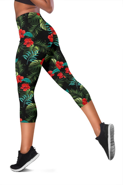 Pink Red Hibiscus Women Capris