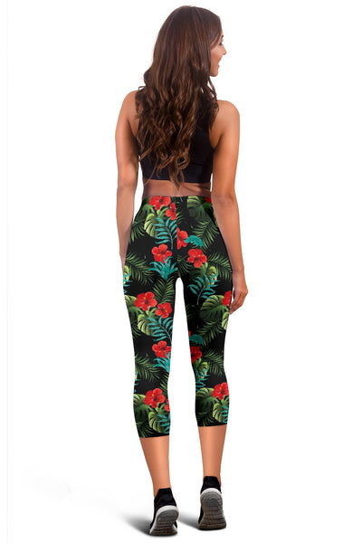 Pink Red Hibiscus Women Capris