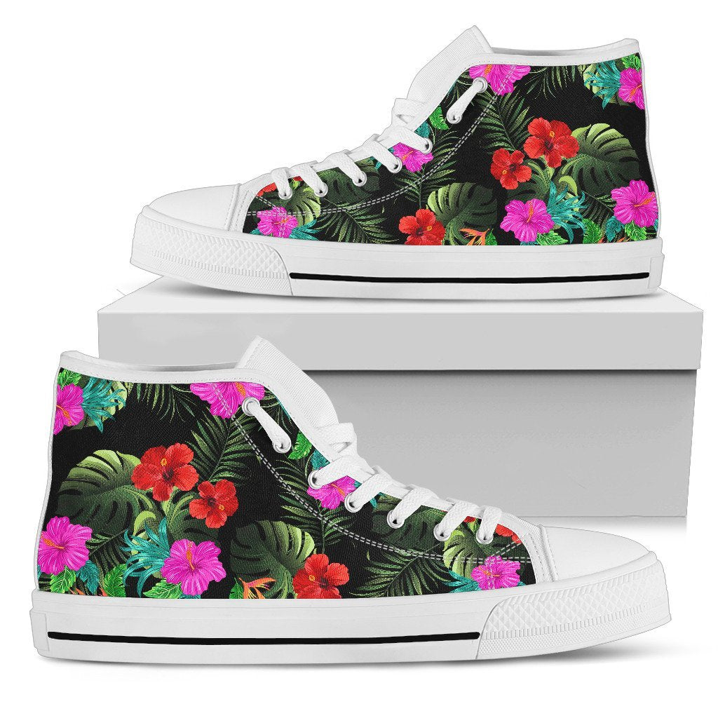 Pink Red Hibiscus Tropical Flowers Women High Top Canvas Shoes