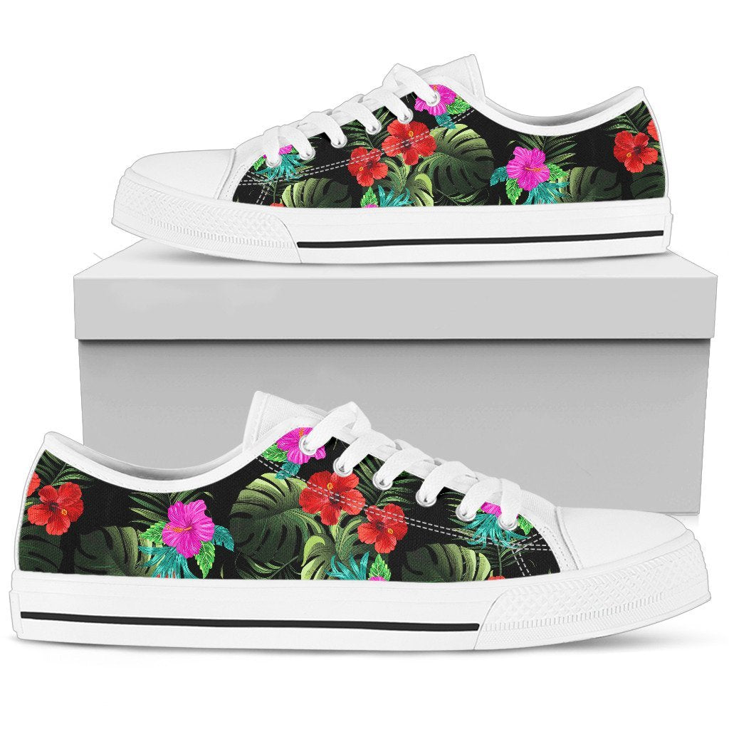Pink Red Hibiscus Tropical Flowers Women Low Top Canvas Shoes