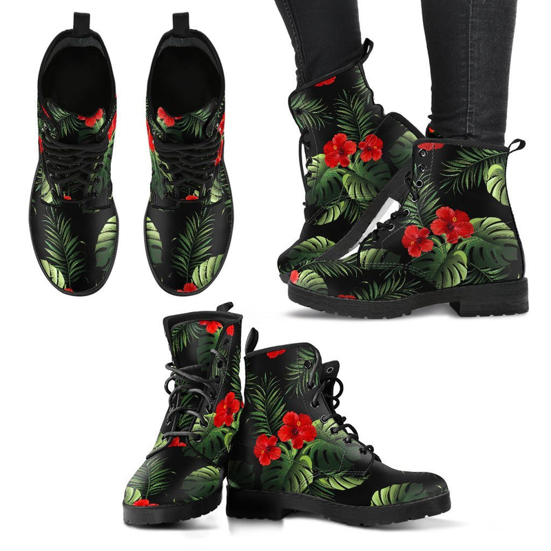 Pink Red Hibiscus Tropical Flowers Women & Men Leather Boots
