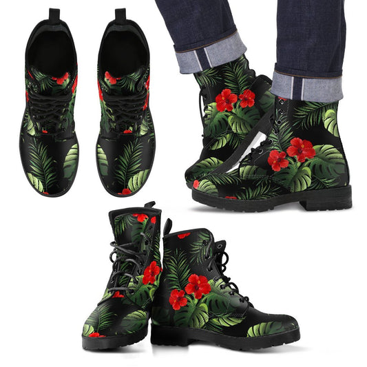 Pink Red Hibiscus Tropical Flowers Women & Men Leather Boots