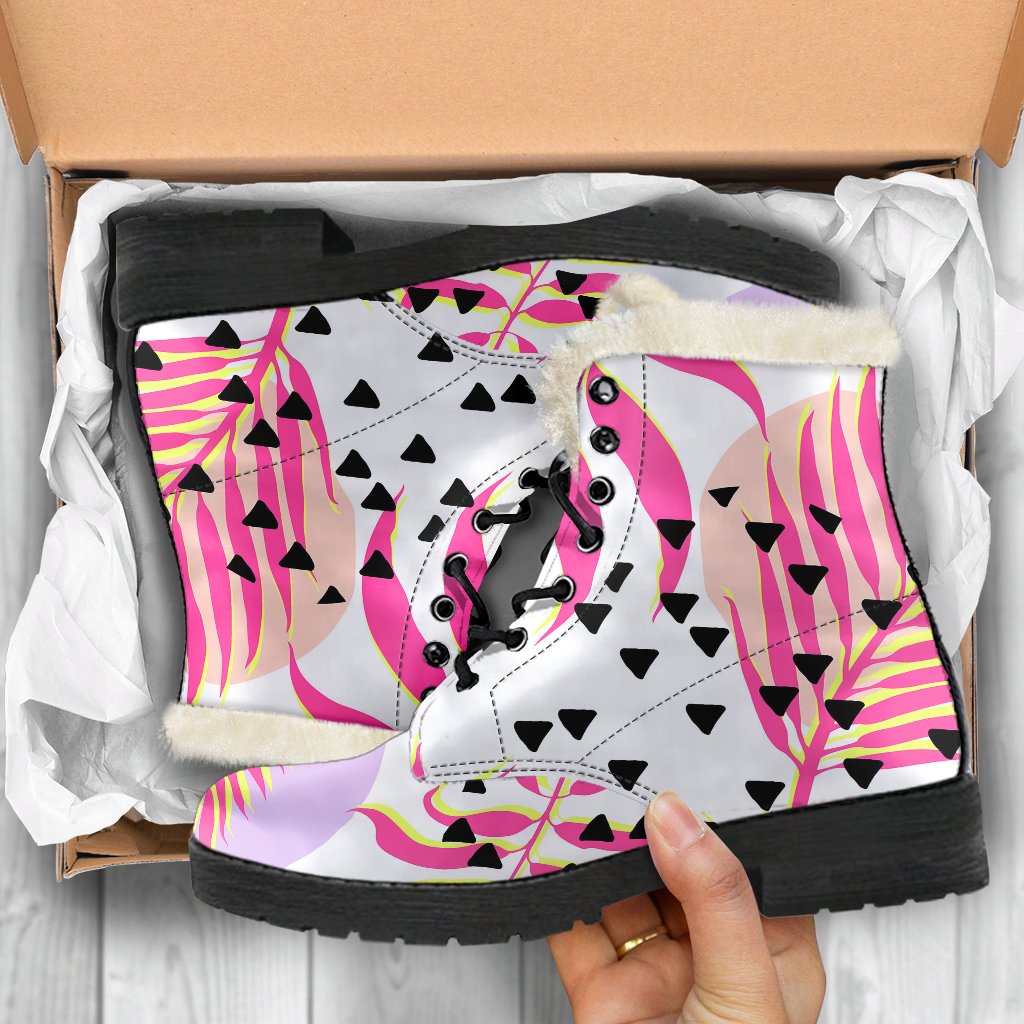 Pink Tropical Palm Leaves Faux Fur Leather Boots
