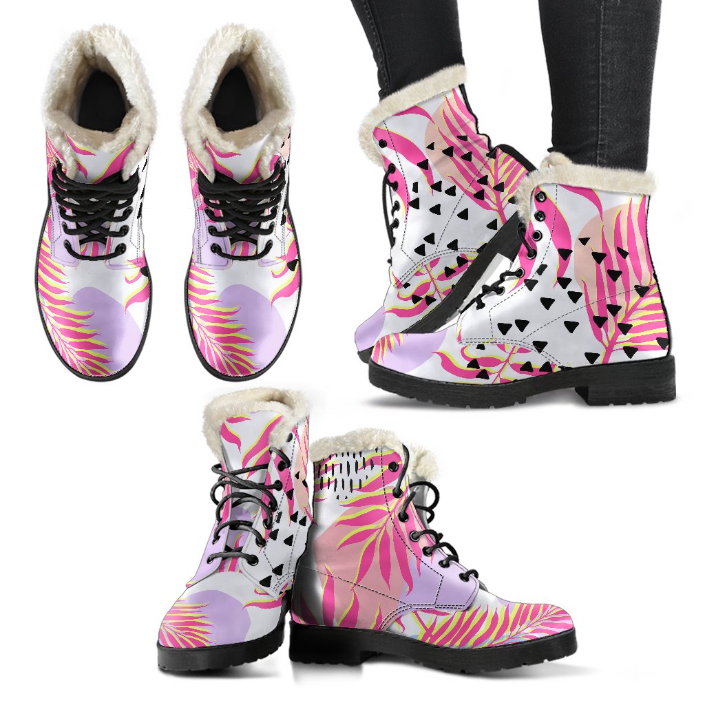 Pink Tropical Palm Leaves Faux Fur Leather Boots