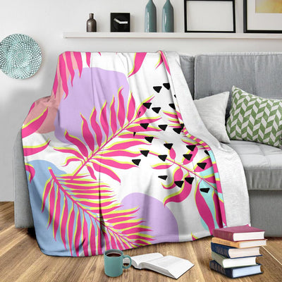 Pink Tropical Palm Leaves Fleece Blanket