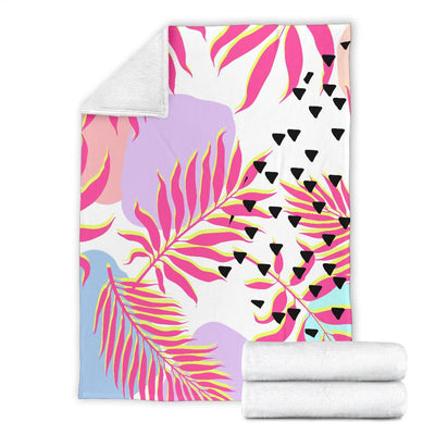 Pink Tropical Palm Leaves Fleece Blanket