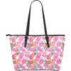 Pink Tropical Palm Leaves Large Leather Tote Bag