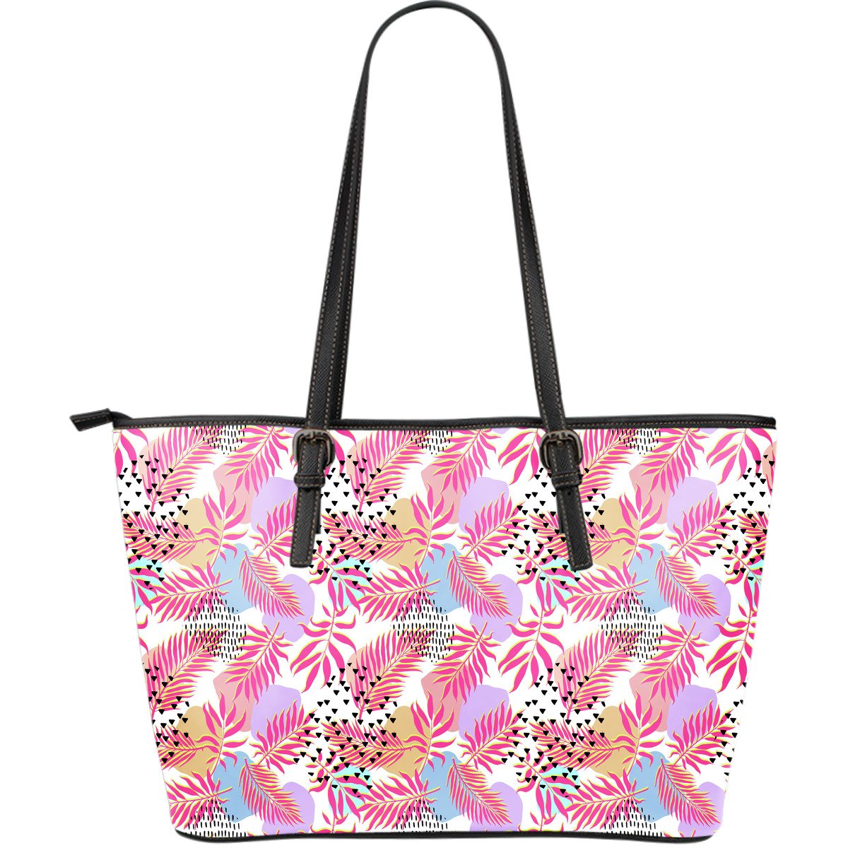 Pink Tropical Palm Leaves Large Leather Tote Bag