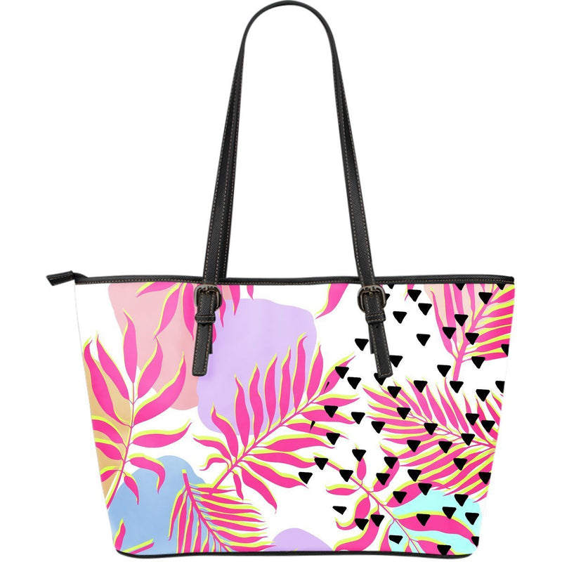 Pink Tropical Palm Leaves Large Leather Tote Bag