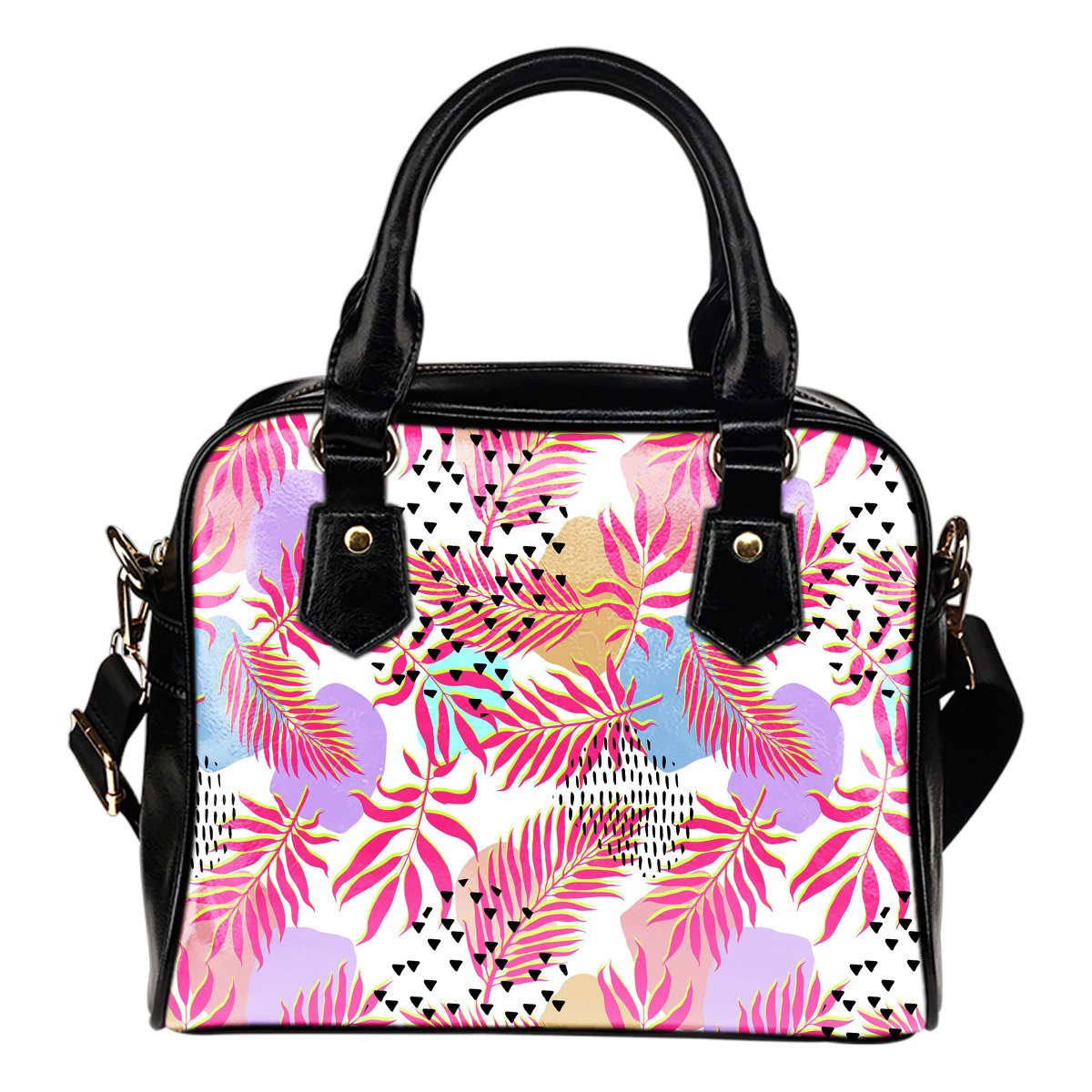 Pink Tropical Palm Leaves Leather Shoulder Handbag