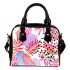 Pink Tropical Palm Leaves Leather Shoulder Handbag