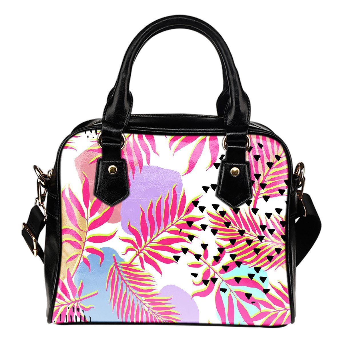 Pink Tropical Palm Leaves Leather Shoulder Handbag