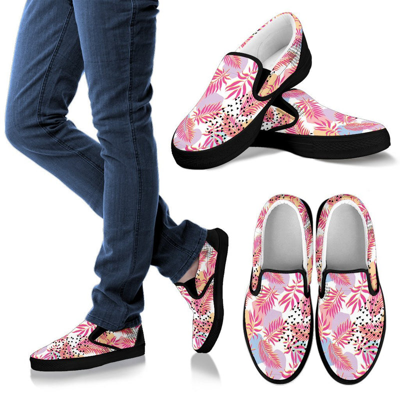 Pink Tropical Palm Leaves Men Canvas Slip On Shoes