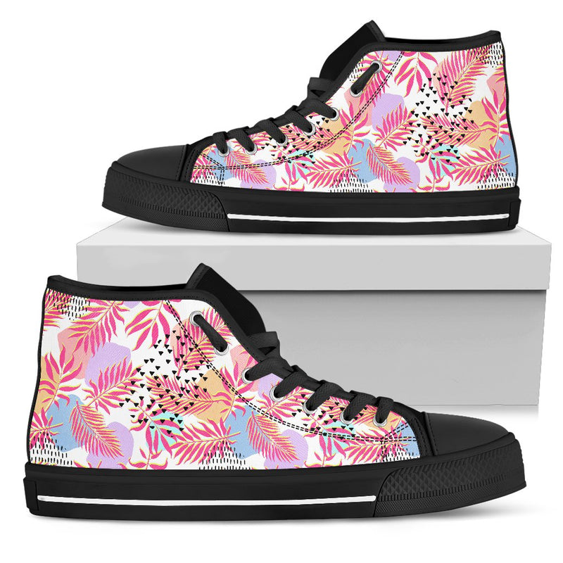 Pink Tropical Palm Leaves Men High Top Canvas Shoes