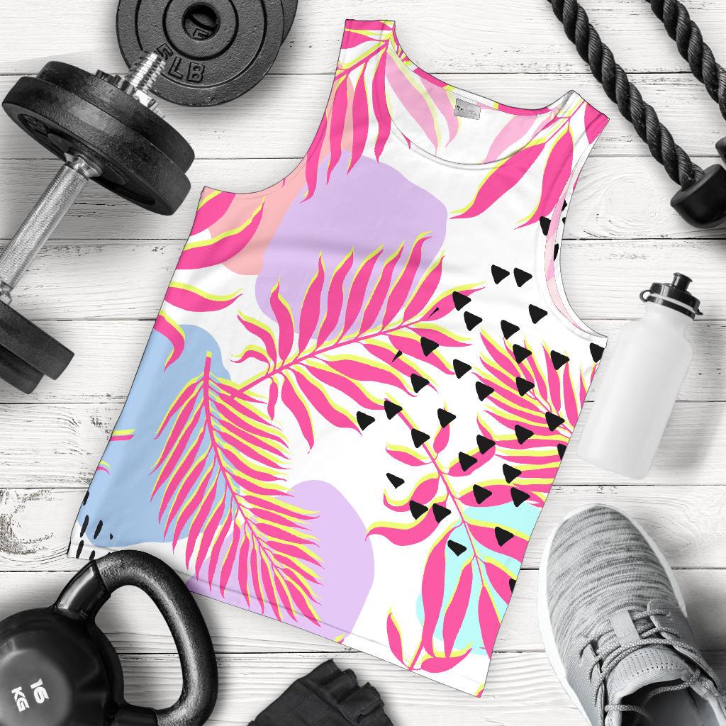 Pink Tropical Palm Leaves Men Tank Top