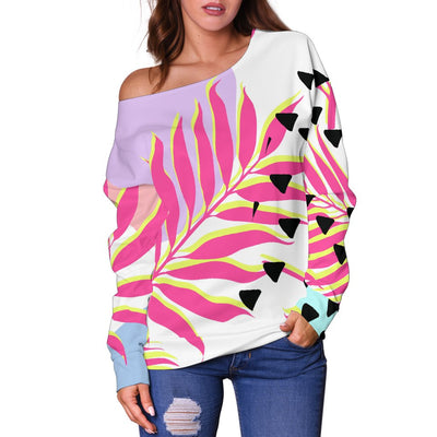 Pink Tropical Palm Leaves Off Shoulder Sweatshirt