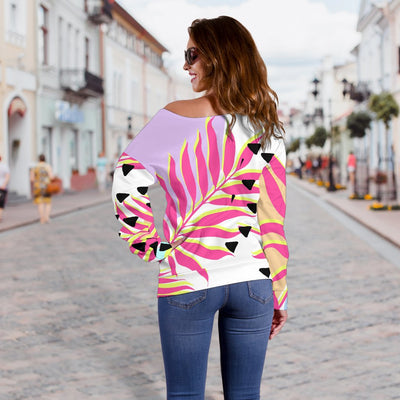 Pink Tropical Palm Leaves Off Shoulder Sweatshirt